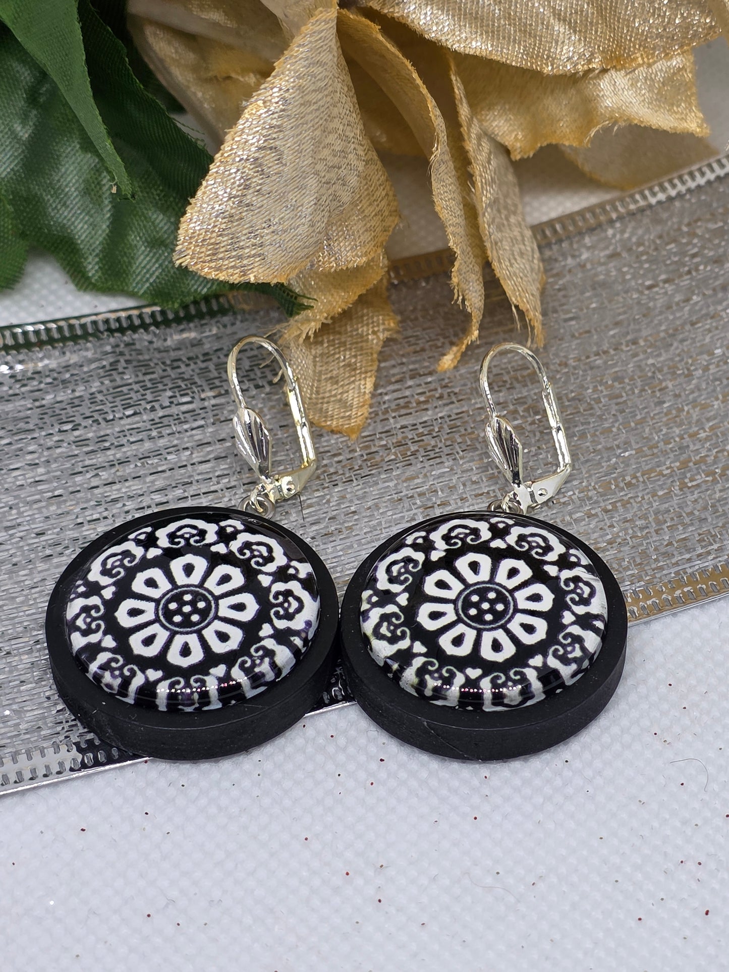 Black & White Mandala Drop Earrings