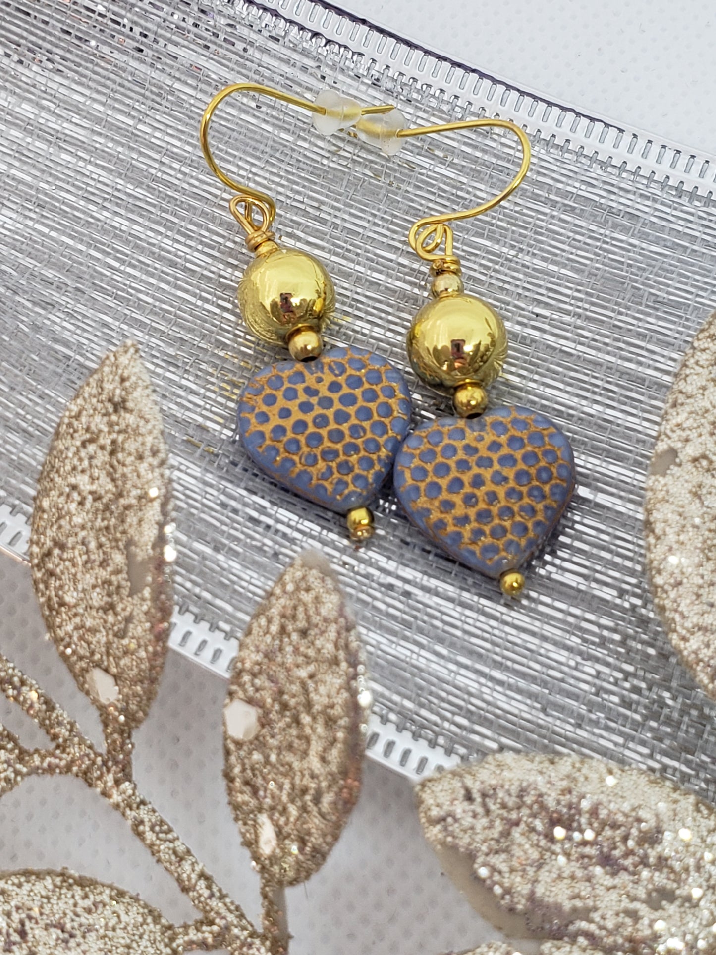 Blue & Gold Heart Earrings